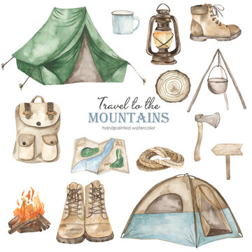Watercolor set Traveling in the mountains with tents, climbing boots, ax, bowler hat, mug, lantern, campfire, tourist backpack