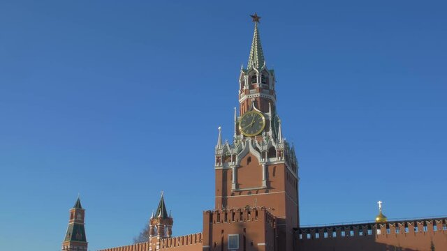 Spasskaya Tower of Kremlin with clock in Moscow on Red Square, Russia, static shot