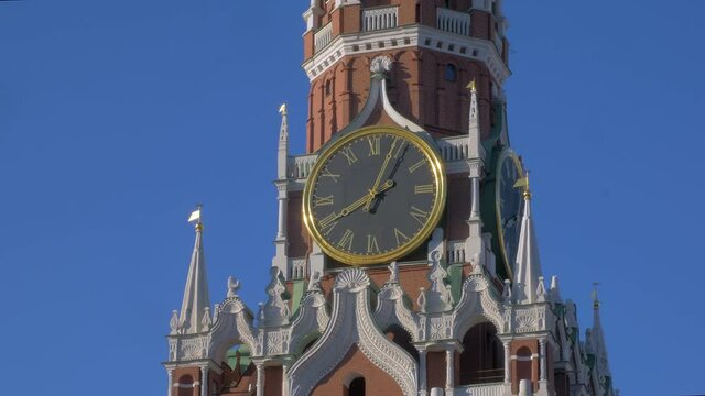 famous clock on Spasskaya Tower of Kremlin in Moscow on Red Square, Russia