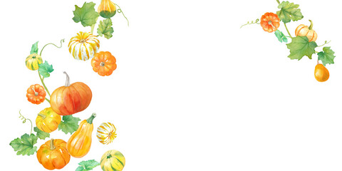 サンクスギビングデー、ハロウィンの装飾水彩イラスト。 秋の収穫イメージバナー背景。カラフルなおもちゃカボチャ。