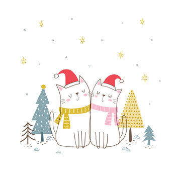 Cute Cat Couple With Santa Hat And Scarf In Wintery Scene. Hand Drawn Vector Illustration.