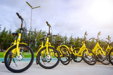 Yellow bicycle still on road in public garden with soft warm light