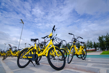 Group of yellow bicycle still in public garden with blue sky