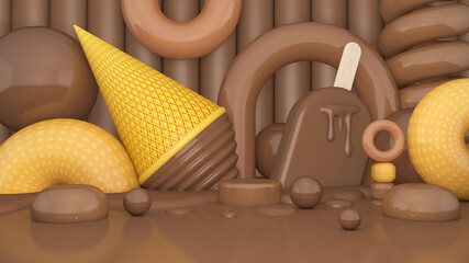 Melted ice cream cartoon on Room floor. Summer time. 3D illustration, 3D rendering