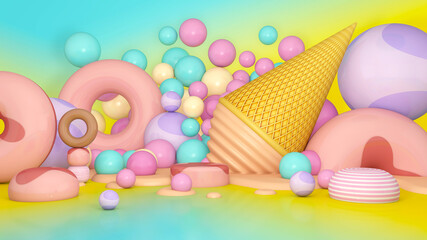 Melted ice cream cartoon on Room floor. Summer time. 3D illustration, 3D rendering