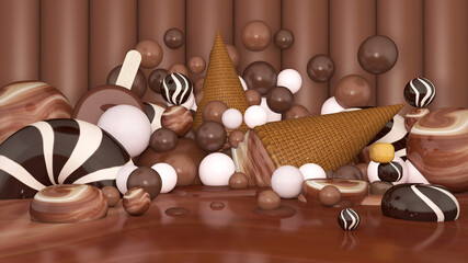 Fototapeta na wymiar Melted ice cream cartoon on Room floor. Summer time. 3D illustration, 3D rendering