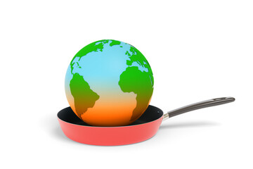 Planet earth heating up in a frying pan isolated on white background. Global warming concept. 3d illustration.