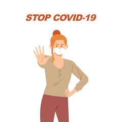 Stop covid-19, woman wearing face masks. Coronavirus epidemic protection. Stop pandemic concept. Vector illustration in a flat style