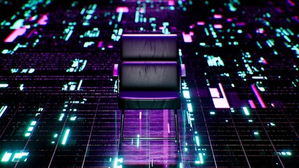 Black Chair on the Neon Data Flowing Cyberpunk Concept Space Floor 3D Rendering