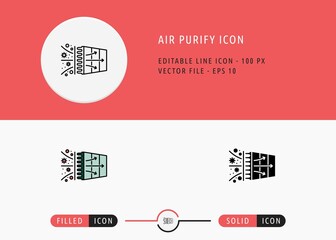 Air Purify icons set editable stroke vector illustration. Clean air filtering symbol. Icon line style on isolated background for ui mobile app, web design, and presentation.