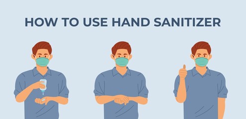 How to use hand sanitizer, Young man with face masks use hand sanitizer gel step by step to clean hands and prevent germs, bacteria and virus. flat style vector illustration.