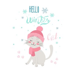 Cat in winter hat, Hello winter, vector illustration. Isolated. Flat design.