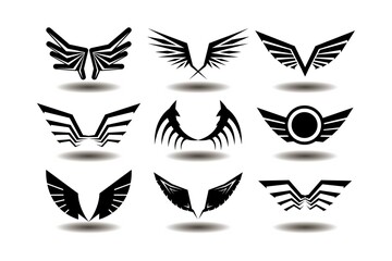 vector illustrations flying symbols, black shapes, wings set collection