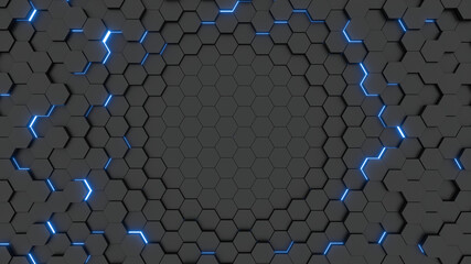 Futuristic glowing blue hexagonal or honeycomb background. Technology, future and innovation concept. 3D Rendering image