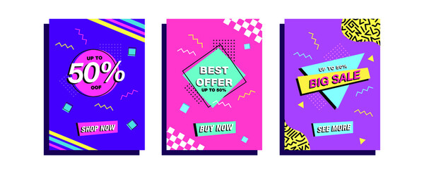 Set of graphics for flyers, poster, banners web | Discount, Sale, Black Friday, Clearance vector templates in 90's retro nostalgia style - obrazy, fototapety, plakaty