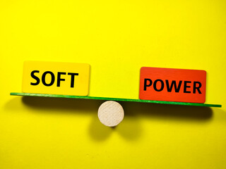 Business concept.Text SOFT POWER writing on colored wooden board on yellow background.