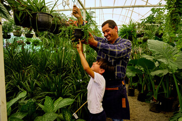 cheerful latinx Mexican middle aged father and young children son gardener working together in a greenhouse - Powered by Adobe