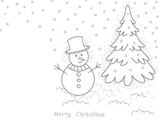 christmas snowman with hat and a tree, winter season scene with falling snow. black and white illustration with copy space for text. you can print it on 8.5x11 inch paper
