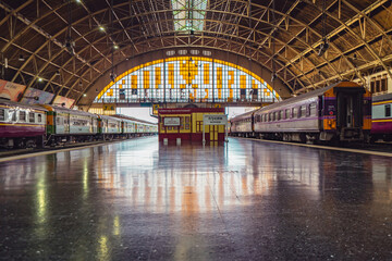 Hualamphong Train station when effects of the Covid 19 virus ,people have to social distancing.