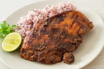 spicy grilled Jamaican jerk chicken with rice