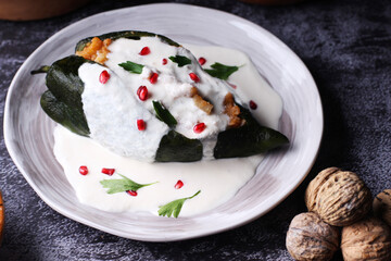 Chiles en Nogada. Traditional Mexican cuisine in Puebla with walnuts, parsley, pomegranate and nut sauce in dark background.