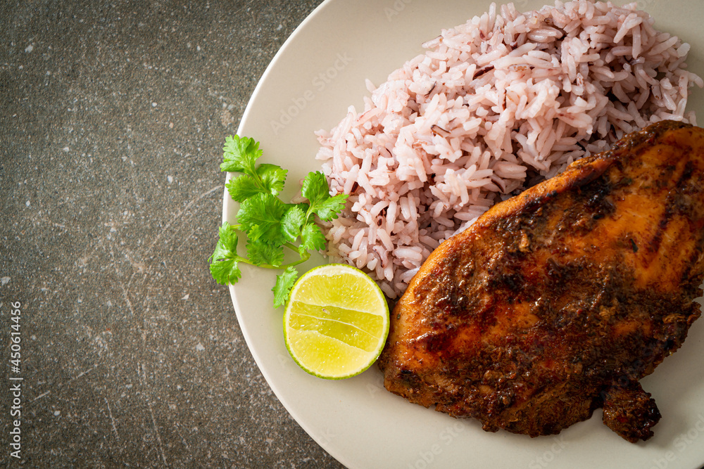 Wall mural spicy grilled jamaican jerk chicken with rice