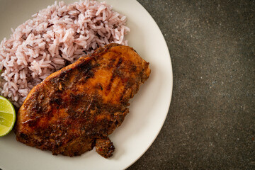 spicy grilled Jamaican jerk chicken with rice