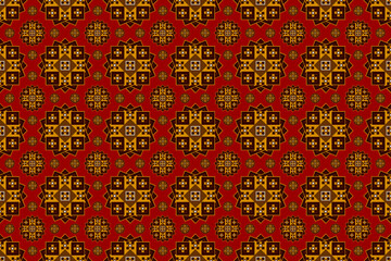 Brown floral pattern with seamless interlacing for fashion fabrics and printed products, ethnic tribal fabrics, red background.
