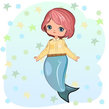 Little mermaid girl in beautiful clothes. Flirts. Handsome fashionable child. The isolated object on a white background. Vector illustration