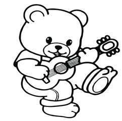 Black and white cute cartoon baby elephant playing music. Coloring book for the children. Vector illustration