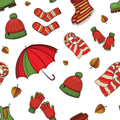 Hand drawn autumn vector pattern. Autumn colors and strokes.