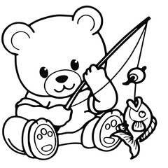 Black and white cute cartoon bear fishing. Coloring book for the children. Vector illustration