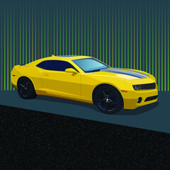 Vector drawing like a photo of a yellow sports car. Sports car. Vector illustration. Wallpaper.
