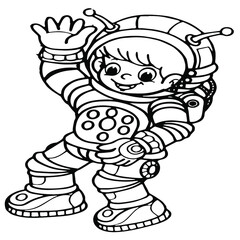 Black and white cute cartoon child wearing a space suit. Coloring book for the children. Vector illustration