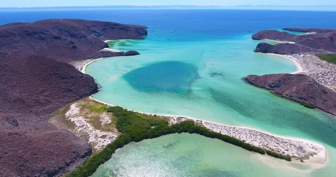 Backward Flying Aerial of Turquoise Water and Beaches with Mangrove River Lagoon and Distant Open Ocean