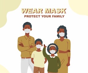 Wear mask, protect your family. Black family with two kids wearing medical masks to prevent disease, virus, urban air pollution, flat style vector illustration.