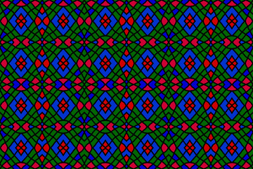 Black line mesh fashion fabric pattern with seamless red blue stripes on green background.