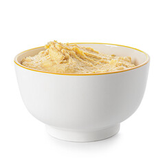 Bowl with tasty hummus on white background
