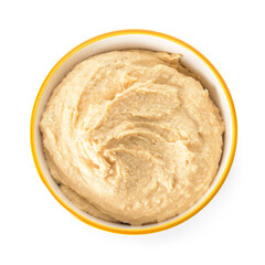 Bowl with tasty hummus on white background