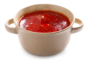 Pot with tasty borscht on white background