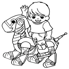 Black and white cute cartoonboy riding a horse made of toys. Coloring book for the children. Vector illustration