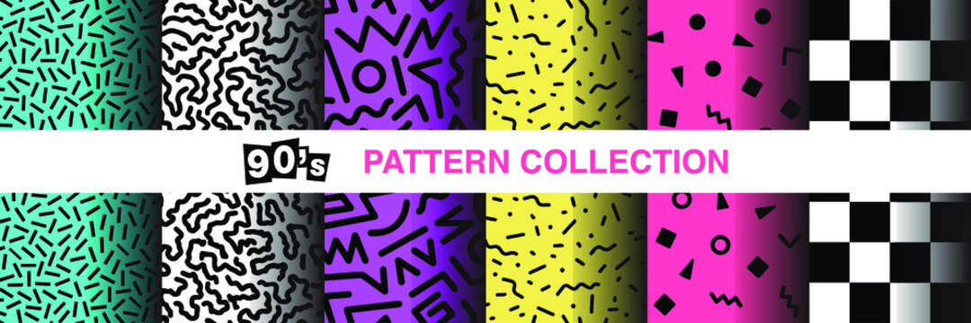 Collection of seamless patterns from 90's | Set of abstract graphics in retro vintage style for backgrounds | Flyer. poster, banner elements