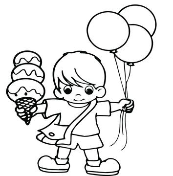 Black and white cute cartoon boy holding balloons and ice cream. Coloring book for the children. Vector illustration