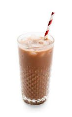 Glass of tasty chocolate milk on white background