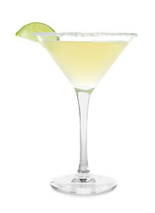 Glass of tasty daiquiri cocktail on white background