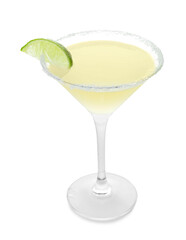 Glass of tasty daiquiri cocktail on white background
