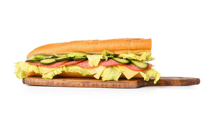 Board with tasty sandwich on white background