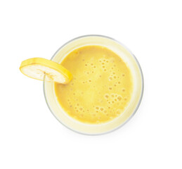 Glass of tasty banana daiquiri cocktail on white background