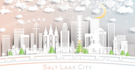 Salt Lake City Utah City Skyline in Paper Cut Style with Snowflakes, Moon and Neon Garland.