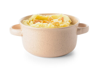 Cooking pot of tasty mashed potatoes with garlic on white background